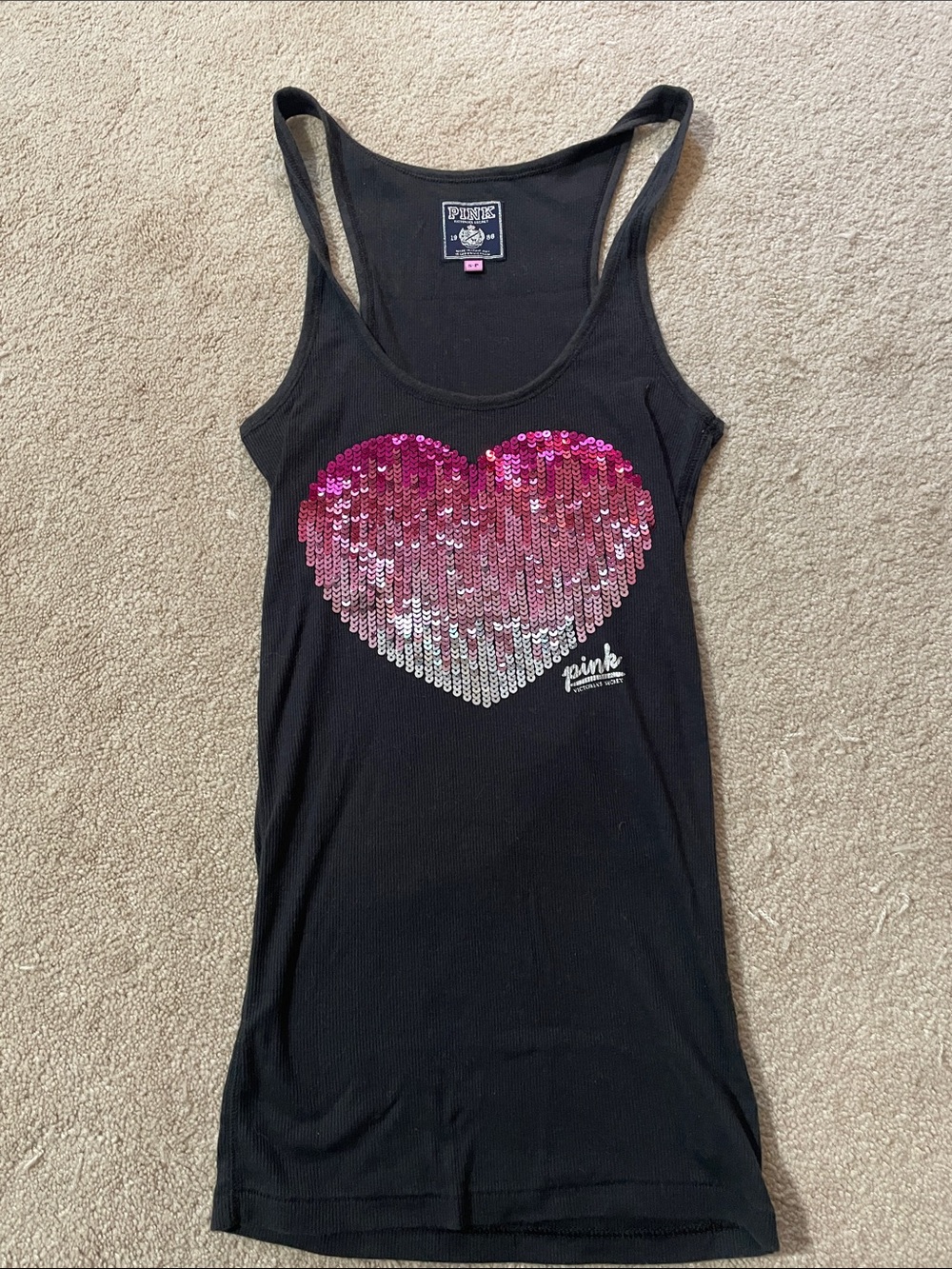 PINK Victoria's Secret Black Tank with Pink Ombre Sequin Heart